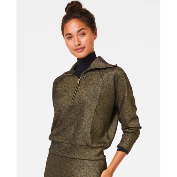 Spanx AirEssentials Half Zip Shimmer Very Black Gold Shine Knit V-Neck Sweater S - Picture 1 of 8